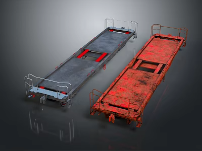 Gray And Red Industrial Platform Trailers With Metal Railings And Wheels 3d model