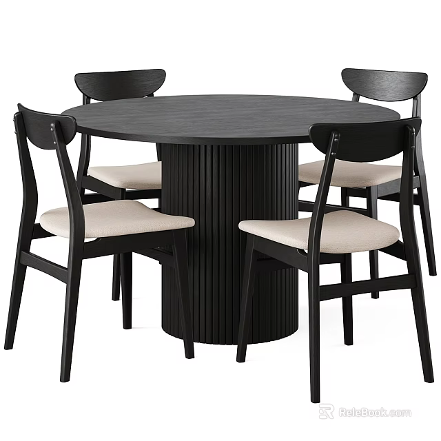 Round Black Dining Table with Ribbed Base and Four Modern Black Chairs with Beige Seats 3d model 