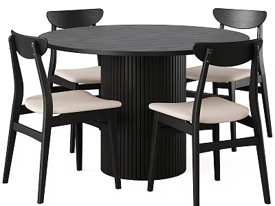 Round Black Dining Table with Ribbed Base and Four Modern Black Chairs with Beige Seats 3d model