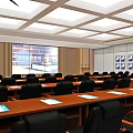 Professional Conference Room With Rows Of Tables Chairs Projection Screen And Wall Decorations