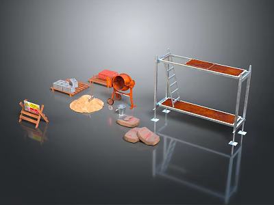 Furniture Making Materials Including Wooden Boards Bricks Sand And Scaffolding 3d model