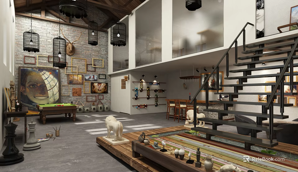 Vintage Clubhouse Interior Design With Open Space Pendant Lights Staircase And Decorative Artworks 3d model 