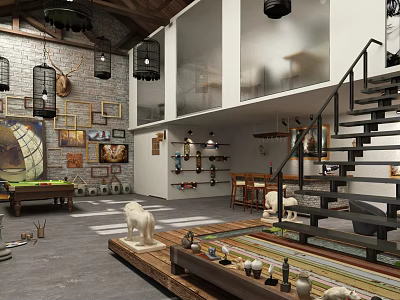 Vintage Clubhouse Interior Design With Open Space Pendant Lights Staircase And Decorative Artworks 3d model