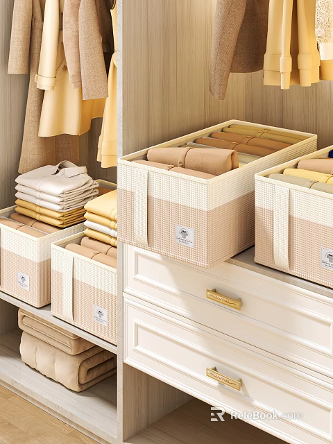 Woven Beige Storage Bins Organize Folded Clothes in Bedroom Drawers 3d model 