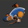 Cartoon Character In Blue White Orange Outfit With Cap Holding Weapon In Dynamic Jumping Pose