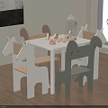 Kids Wooden Table with Colorful Horse Shaped Chairs and Wooden Animal Toys in Playroom