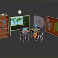 Classroom Desk Setup With Laptop Globe Blackboard Clock Wooden Shelf Colorful Bulletin Boards