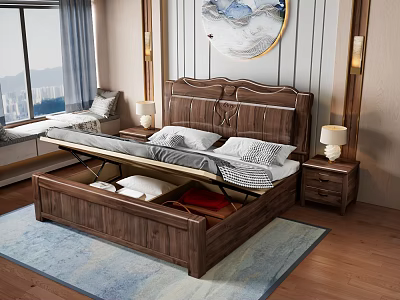 Wooden Double Bed With Storage Compartment Carved Headboard Nightstand And Table Lamps 3d model