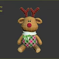 Stuffed Reindeer Toy with Red Antlers Red Nose Green Bow Plaid Bib on Dark Background