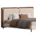 Modern Double Bed With Upholstered Headboard Beige Bedding And Cozy Brown Blanket