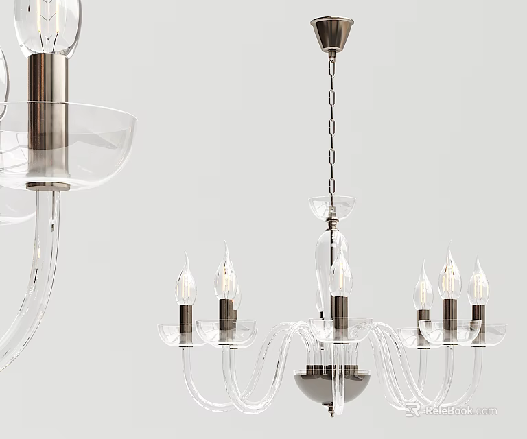 Modern Glass Chandelier with Transparent Shades Multiple Bulbs and Metal Chain Hanging Design 3d model 