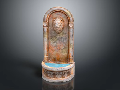 Decorative Lion Head Fountain with Arch Design Rustic Beige and Blue Basin Carved Details 3d model