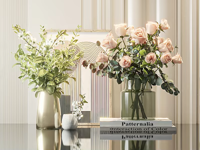 Elegant Glass and Gold Vases with Pink Roses Green Foliage and White Flowers on Table 3d model