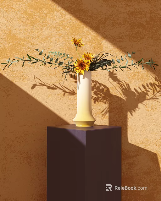 Decorative Combination With Vase Sunflowers Green Leaves On Purple Cube Base Terracotta Wall Sunlight Shadows 3d model 