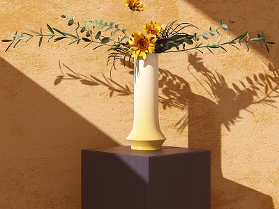 Decorative Combination With Vase Sunflowers Green Leaves On Purple Cube Base Terracotta Wall Sunlight Shadows 3d model