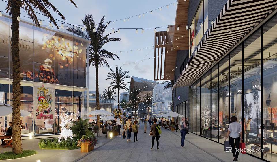 Vibrant Commercial Street With Palm Trees Hanging String Lights Shops And Pedestrians 3d model 