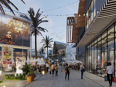 Vibrant Commercial Street With Palm Trees Hanging String Lights Shops And Pedestrians 3d model