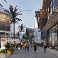 Vibrant Commercial Street With Palm Trees Hanging String Lights Shops And Pedestrians