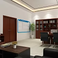 Serene Office Interior With Wooden Desk Office Chair Computer Sofa Coffee Table Plant And Curtains