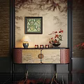 Oriental Style Entryway Cabinet Sideboard With Floral Painting Table Lamp Red Jars And Orange Flowers