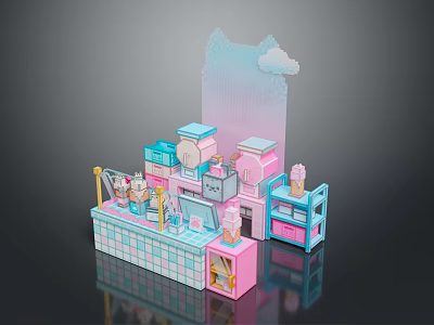 Dreamy Miniature Scenery With Pastel Pink And Blue Buildings And Cloud Decorations 3d model