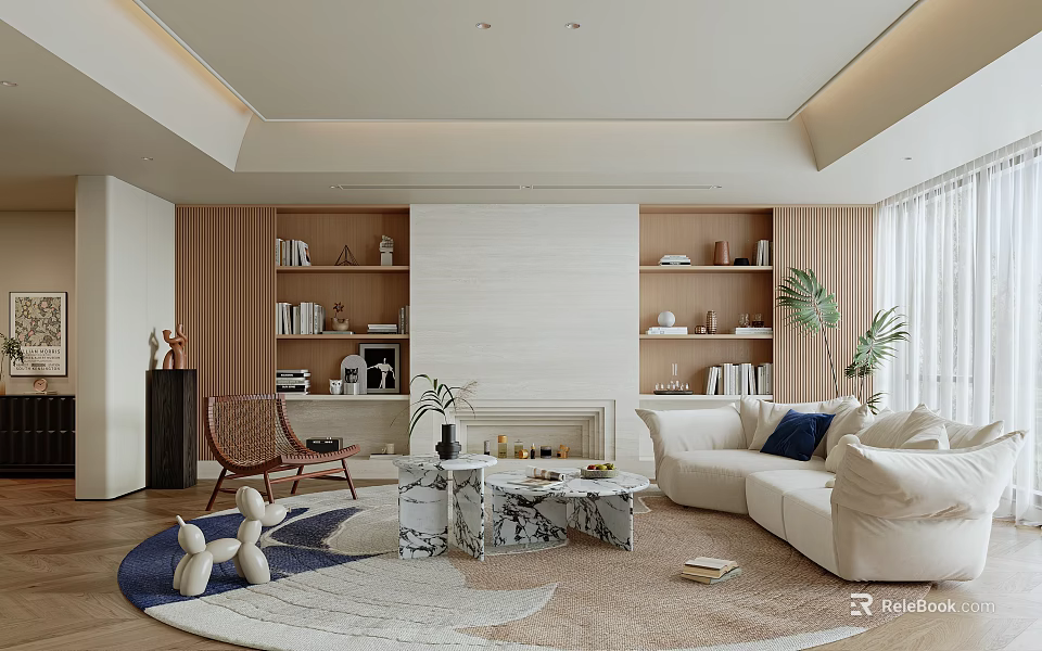 Elegant Modern Living Room Interior With Beige Sofa Marble Coffee Table And Wooden Bookshelves 3d model 