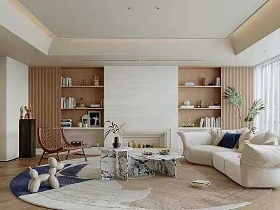 Elegant Modern Living Room Interior With Beige Sofa Marble Coffee Table And Wooden Bookshelves 3d model
