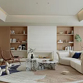 Elegant Modern Living Room Interior With Beige Sofa Marble Coffee Table And Wooden Bookshelves