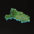 Detailed 3D Terrain Map Showing Green Land With Blue Outline On Black Background