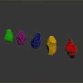 Colorful Polyhedral Gemstones in Green Pink Blue Yellow Red on Black Background with Reflections