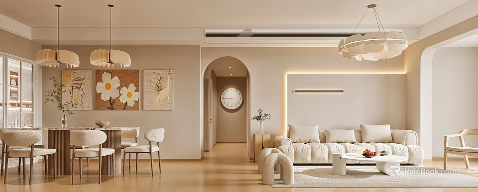 Warm Modern Living And Dining Room Interior With Cream Sofa Dining Table And Decorative Paintings 3d model 