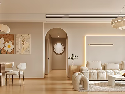 Warm Modern Living And Dining Room Interior With Cream Sofa Dining Table And Decorative Paintings 3d model