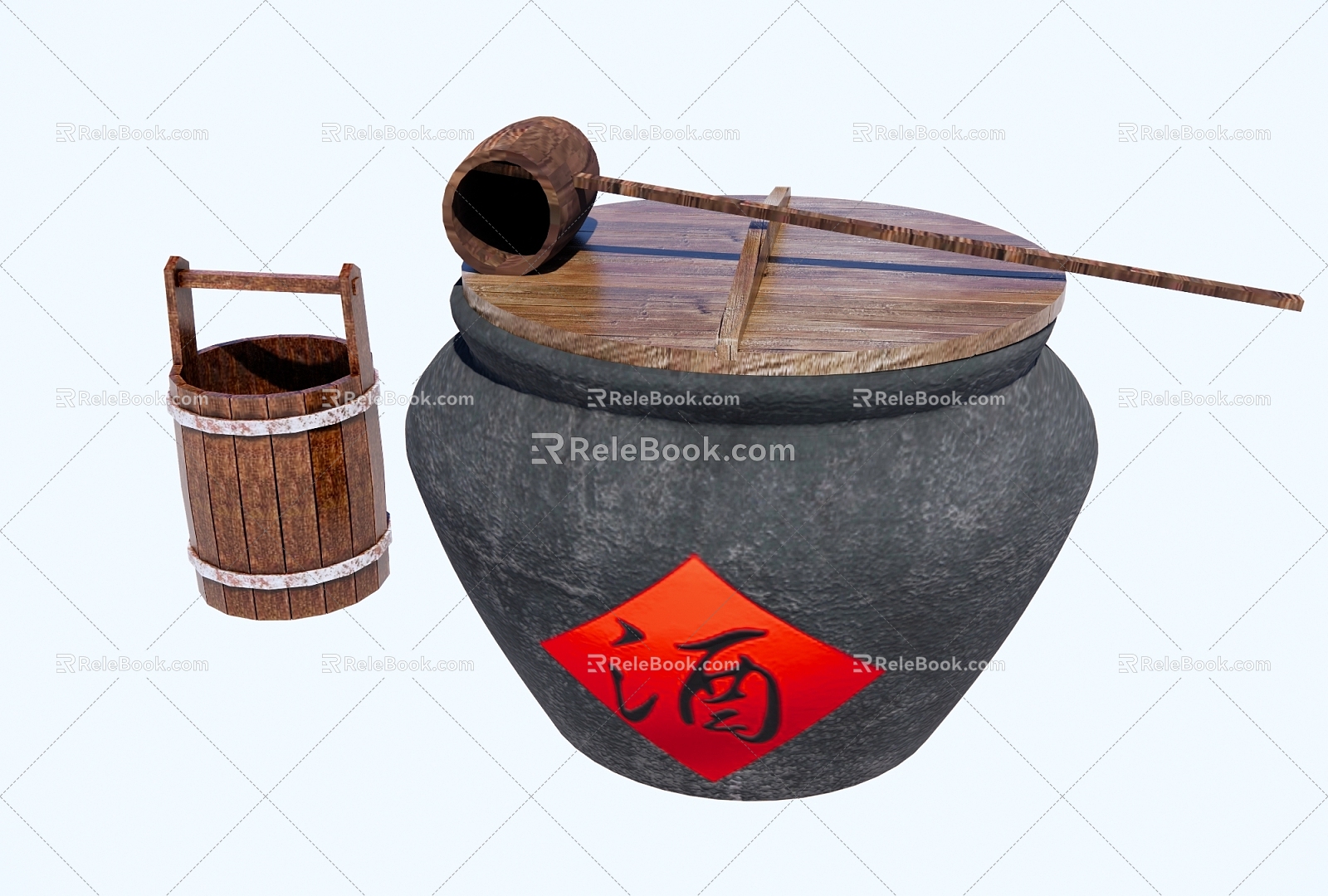 Chinese Courtyard Sketches Chinese Old Water Tank Wine Jar Wine Jar Old Objects Wooden Barrel Wooden Spoon model