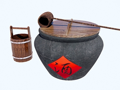 Chinese Courtyard Sketches Chinese Old Water Tank Wine Jar Wine Jar Old Objects Wooden Barrel Wooden Spoon model