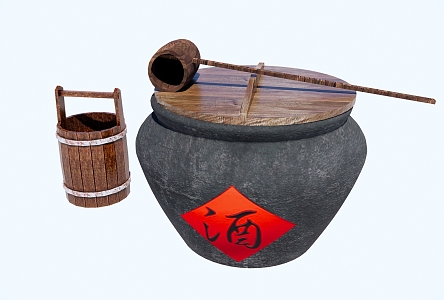 Chinese Courtyard Sketches Chinese Old Water Tank Wine Jar Wine Jar Old Objects Wooden Barrel Wooden Spoon 3d model