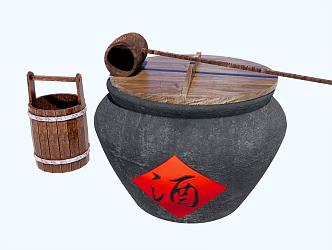 Chinese Courtyard Sketches Chinese Old Water Tank Wine Jar Wine Jar Old Objects Wooden Barrel Wooden Spoon 3d model
