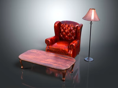 Red Leather Tufted Armchair With Wooden Coffee Table And Floor Lamp 3d model