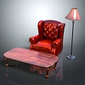 Red Leather Tufted Armchair With Wooden Coffee Table And Floor Lamp