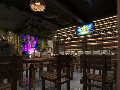 Rustic Bar Interior With Wooden Tables Chairs Wine Racks And Green Plant Decorations 3d model