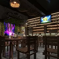 Rustic Bar Interior With Wooden Tables Chairs Wine Racks And Green Plant Decorations