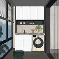 Modern Home Balcony With White Cabinets Washing Machine Sink Potted Plant And Large Window Blinds
