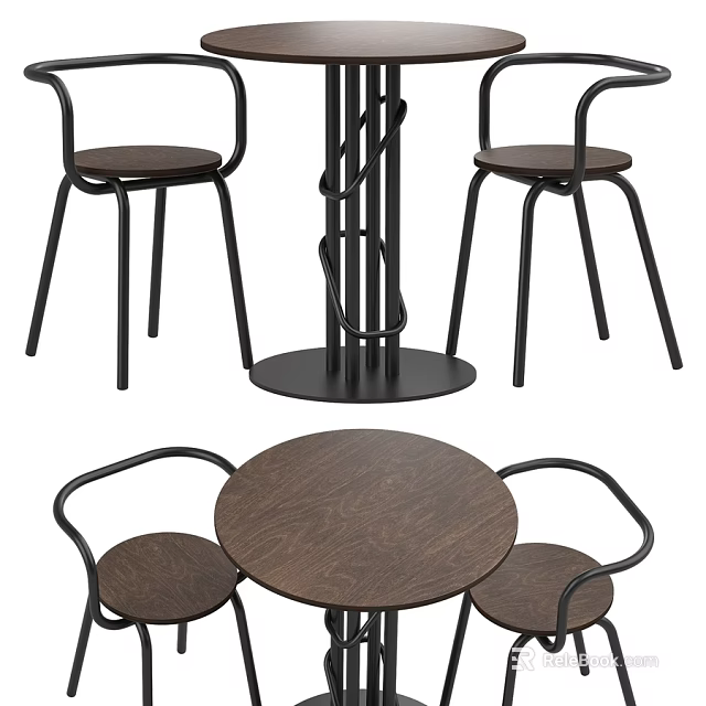 Modern Round Dining Table With Wooden Top And Black Metal Chairs Set 3d model 