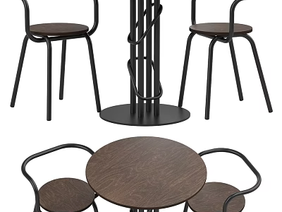 Modern Round Dining Table With Wooden Top And Black Metal Chairs Set 3d model