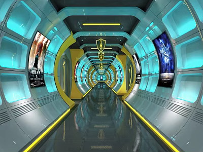 Futuristic Cinema Sci-Fi Corridor Interior With Blue Lighting And Movie Posters 3d model