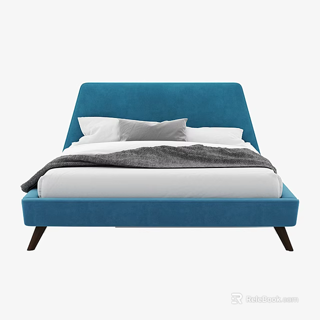 Modern Blue Double Bed With White Pillows Gray Cushion And Gray Blanket 3d model 