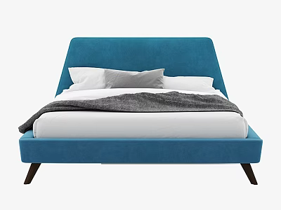 Modern Blue Double Bed With White Pillows Gray Cushion And Gray Blanket 3d model