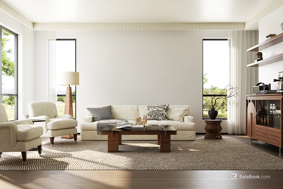 Modern Living Room Interior With White Sofa Armchairs Wooden Coffee Table And Windows 3d model 