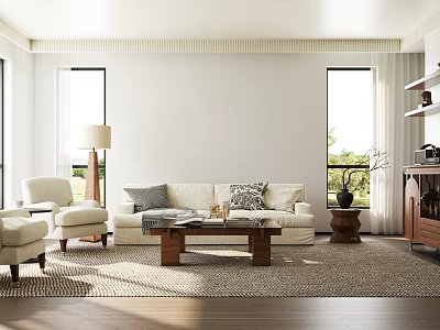 Modern Living Room Interior With White Sofa Armchairs Wooden Coffee Table And Windows 3d model