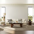 Modern Living Room Interior With White Sofa Armchairs Wooden Coffee Table And Windows