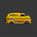 Yellow Vintage Van With JIMMY'S Lettering Green Stripes Purple Windows And Silver Exhaust Pipe
